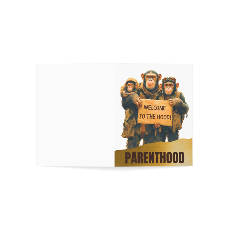 WELCOME TO THE HOOD... PARENTHOOD NEW BABY CARD - NEW BABY CONGRATULATIONS CARD - Chimp Family
