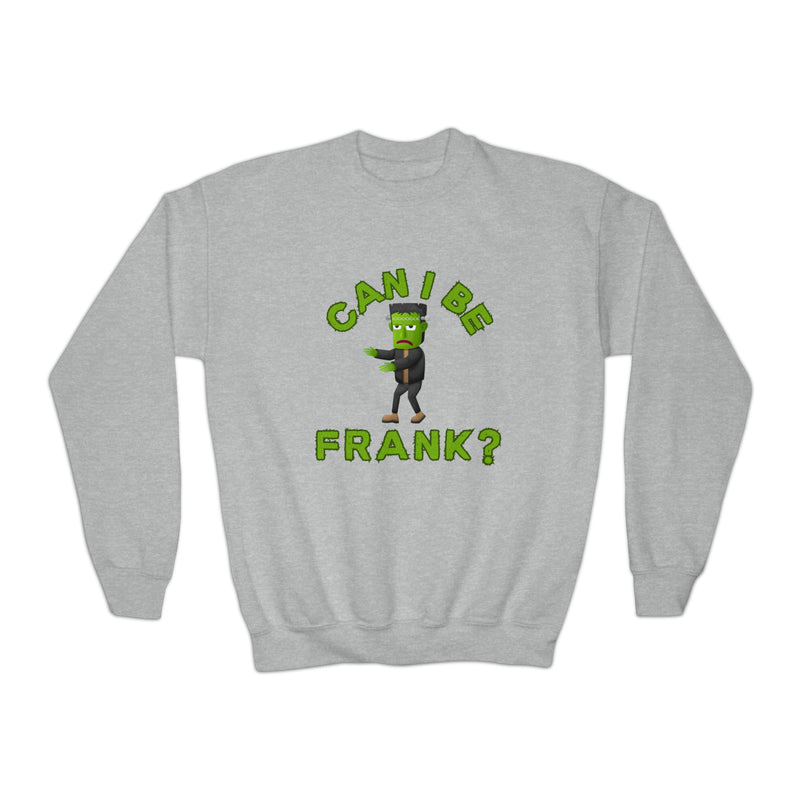 Frankenstein 'Can We Be Frank?' Youth Crewneck Halloween Sweatshirt for Kids: Spooky Season Shirt XS-XL - 5 Colors