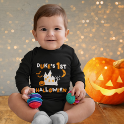 Personalized First Halloween Onesie: Cute Long Sleeve Black or White Bodysuit with Spooky Design for Newborns, Infants, & Babies up to 18 months