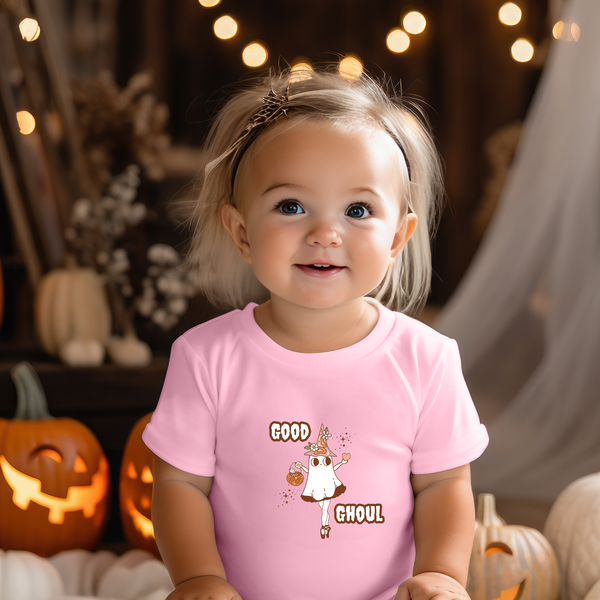 Good Ghoul Vibes! Cute Toddler Halloween T-Shirt for Girls (2T-5T) - Spooky, Funny, And Adorable Costume Tee, Comes In Pink, White, Etc