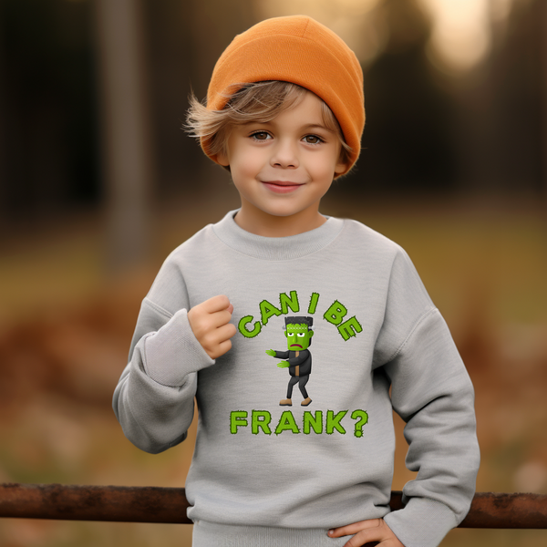 Frankenstein 'Can We Be Frank?' Youth Crewneck Halloween Sweatshirt for Kids: Spooky Season Shirt XS-XL - 5 Colors