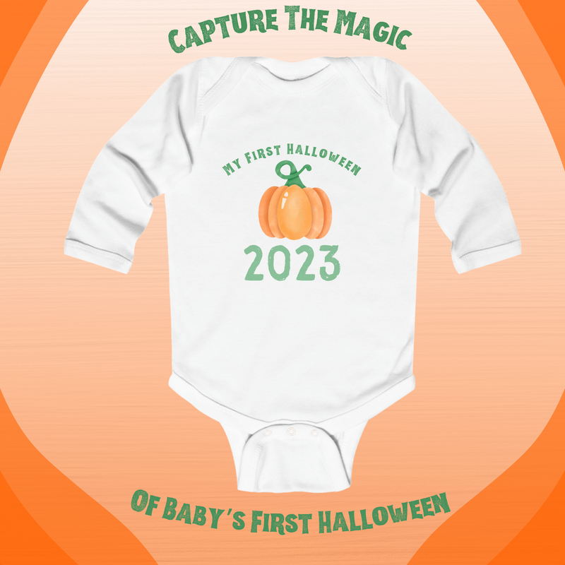 My First Halloween Onesie: Cute Long Sleeve Black or White Bodysuit with Pumpkin Design for Newborns, Infants, & Babies up to 18 months