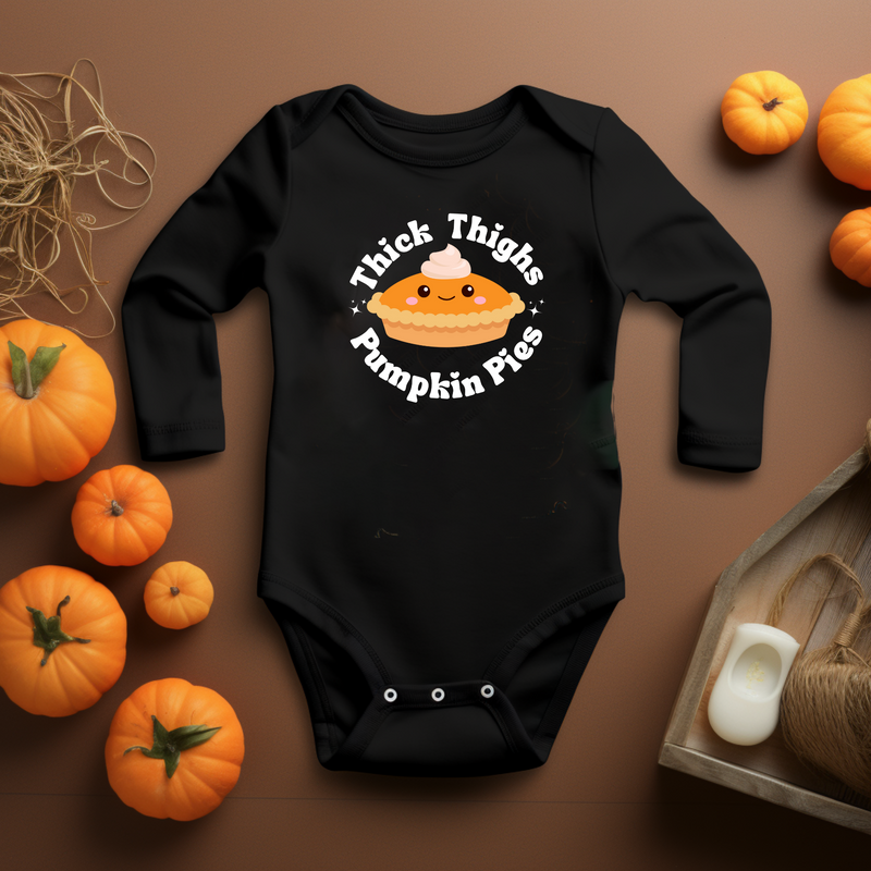 Adorable 'Thick Thighs & Pumpkin Pies' Thanksgiving Baby Onesie: Long Sleeve, NB-18M, Cute Pie Graphic!"