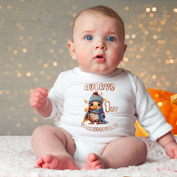 Personalized Baby Thanksgiving Onesie - Custom First Turkey Day Outfit for Baby - Long sleeve Newborn Bodysuit
