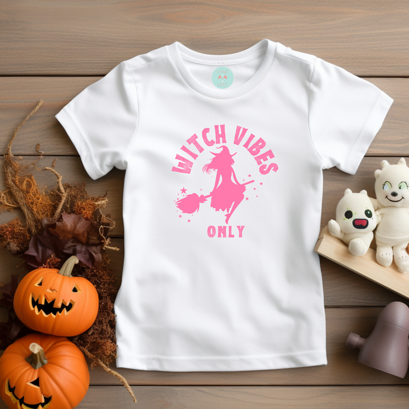 Witch Vibes Only Halloween Kids T-Shirt - Easy Witch Halloween Costume Outfit for Girls (SM to XL) - Cute and Comfy Witchy Attire