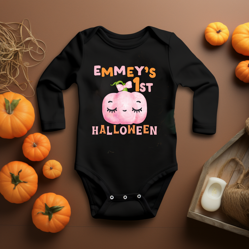 First Halloween Onesie For Baby Girl (Personalized) - Longsleeve - Newborn Infant Girl Halloween Outfit With Adorable Pink Pumpkin Design