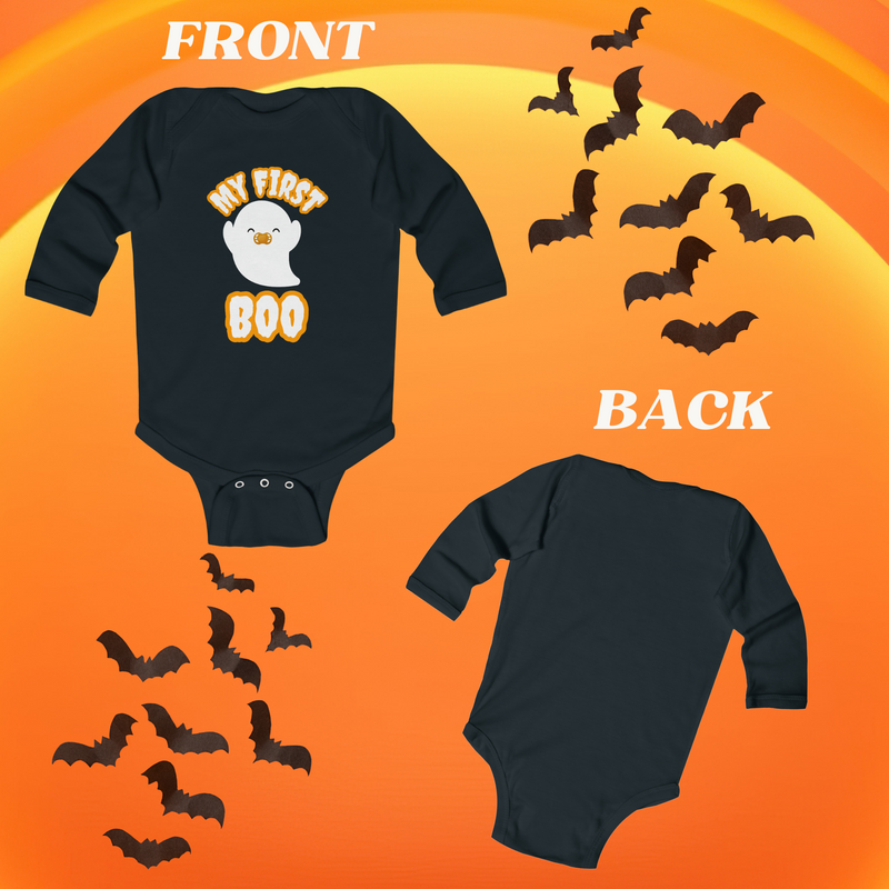 My First Boo: Cute Long Sleeve Black Onesie Bodysuit with Ghost Design for Newborns, Infants, & Babies up to 18 months