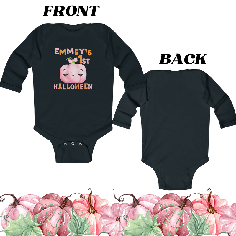 First Halloween Onesie For Baby Girl (Personalized) - Longsleeve - Newborn Infant Girl Halloween Outfit With Adorable Pink Pumpkin Design