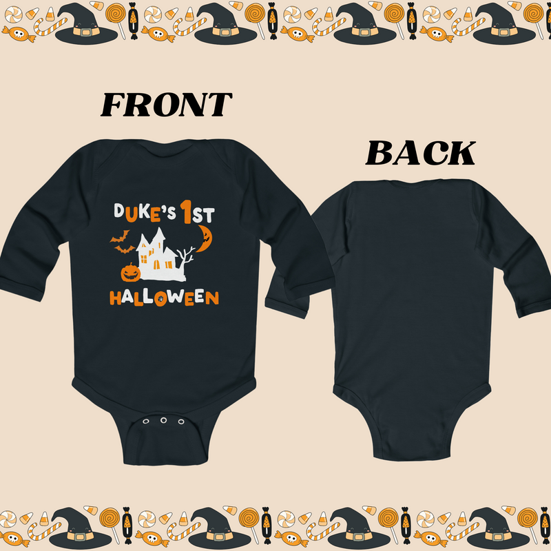 Personalized First Halloween Onesie: Cute Long Sleeve Black or White Bodysuit with Spooky Design for Newborns, Infants, & Babies up to 18 months