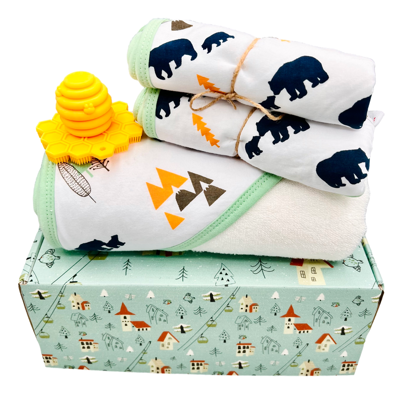 Baby First Christmas Gift Box Bath Set - Newborn Gift Basket Includes Bamboo Hooded Baby Towel, 2 Bamboo Washcloths, Silicone Bath Scrubber, Gift Box, And Personalized Card