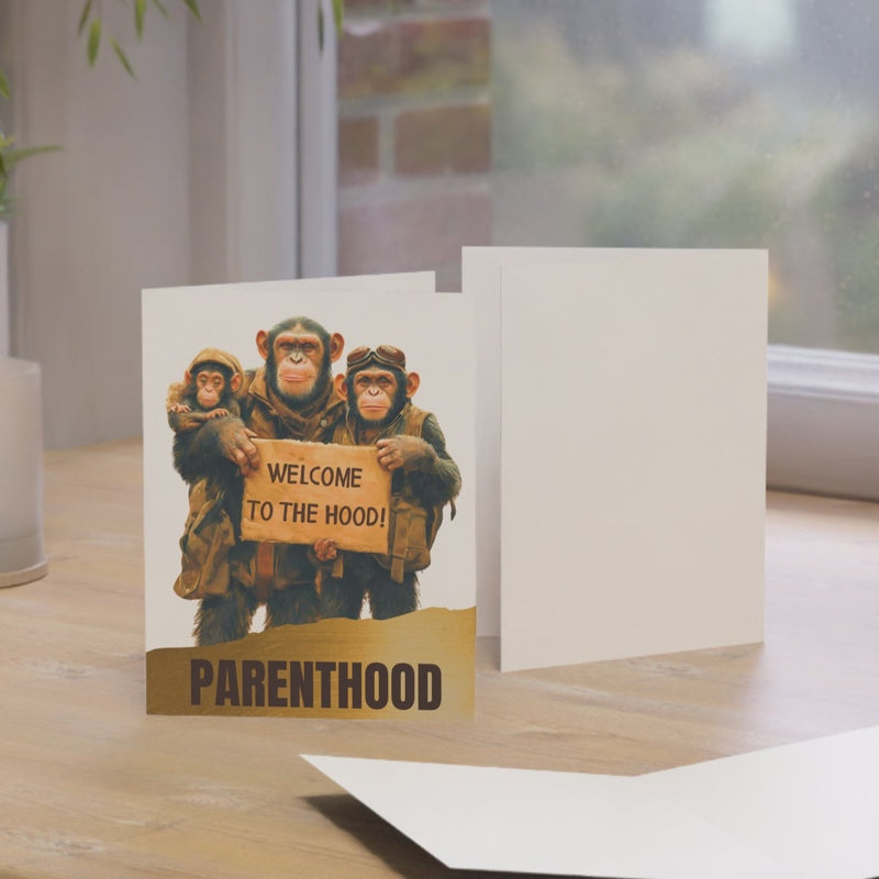 Welcome to the hood, parenthood card with chimps