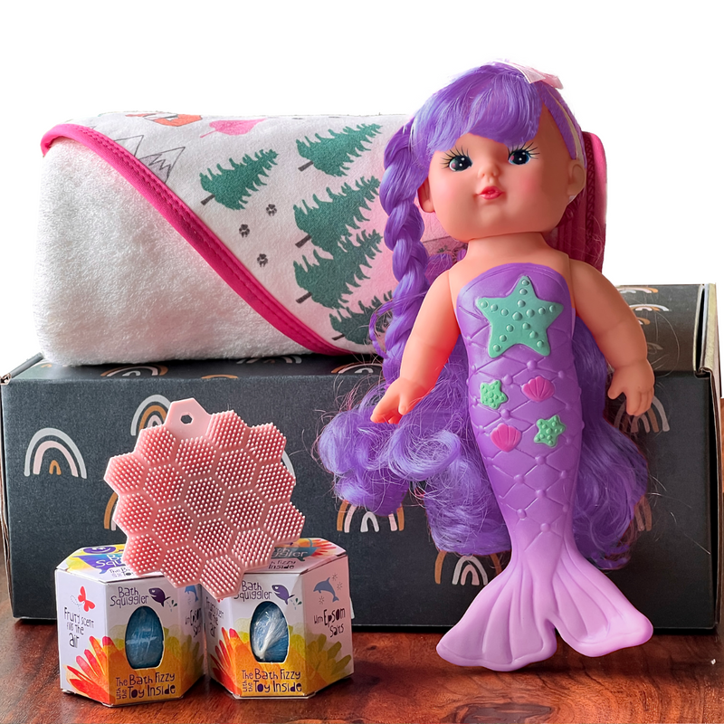Little Girls Christmas Bath Gift Set - Includes Bamboo Towel, Mermaid Doll, Silicone Scrubber, Bath Bomb and Gift Box
