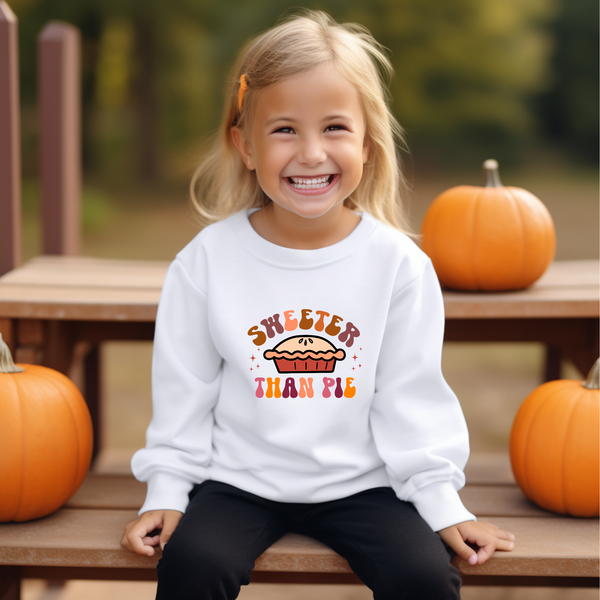 Charming 'Sweet As Pie' Thanksgiving Crewneck Sweatshirt, Girls Fall Sweatshirt, Fall Kid Sweatshirt, Sizes XS to XL Available in 4 colors.