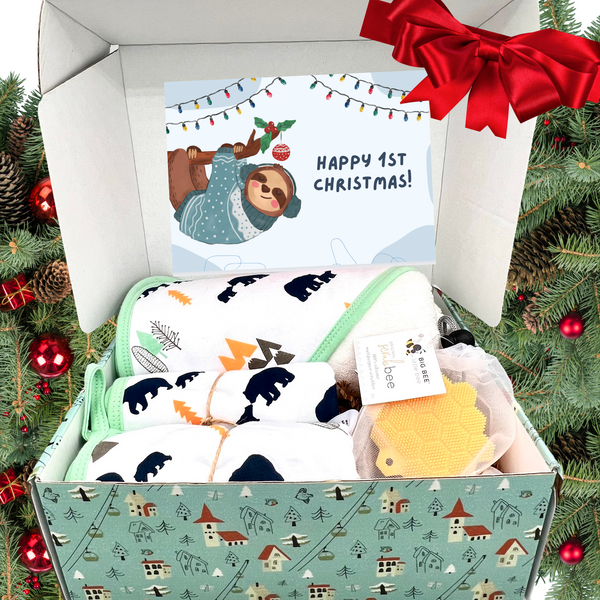 Baby First Christmas Gift Box Bath Set - Newborn Gift Basket Includes Bamboo Hooded Baby Towel, 2 Bamboo Washcloths, Silicone Bath Scrubber, Gift Box, And Personalized Card
