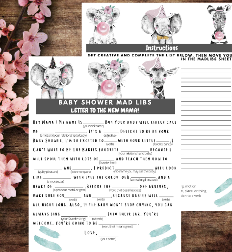 Baby Shower Mad Libs Game - Easy & Fun - Printable At Home Baby Shower Game - Instant Download, Advice To New Mom, Safari Animals